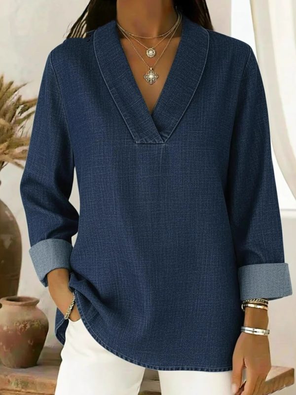 Three-quarter-sleeve Vintage Polo-collar Long-sleeve Shirt