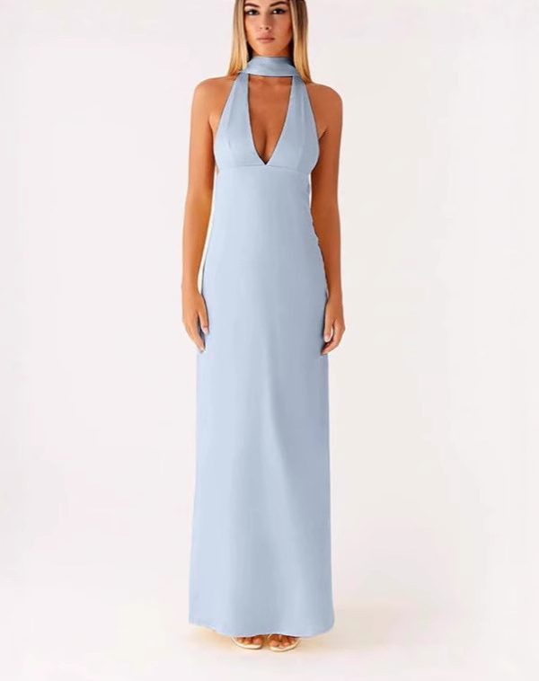 Womens Floral Halterneck Deep V-Neck Backless Bodycon Maxi Dress