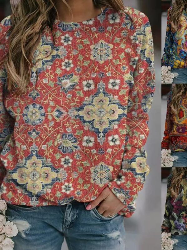 Casual Fashion Loose Ethnic Style Retro Long Sleeve Crew Neck Pullover Sweatshirt