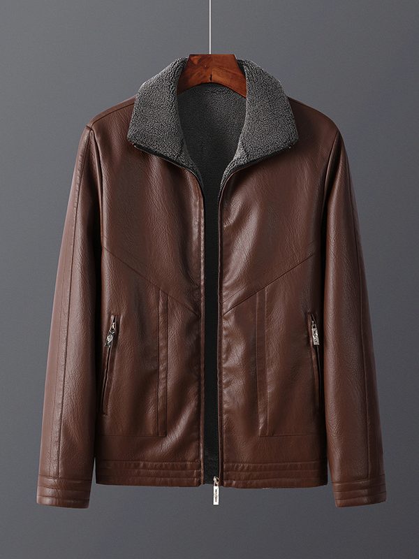 Men's Fleece-Lined Leather Jacket Thickened Outerwear