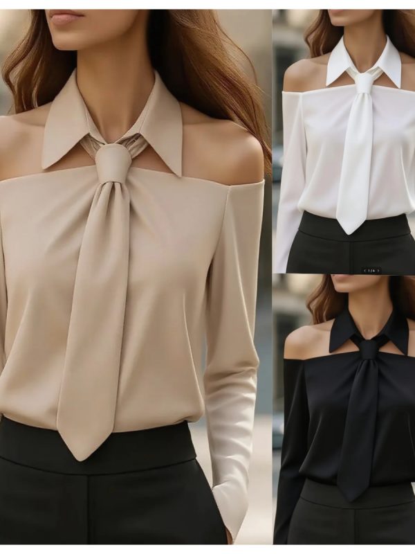 Fashion Women Tank Top Halter Neck Strap Lapel Design Long Sleeve Blouses Sexy Shirt For Spring Summer