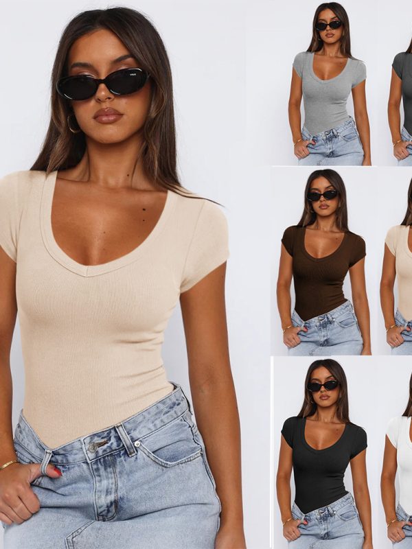 Womens Ribbed Pullover Solid Color Versatile And Stylish Short Sleeves