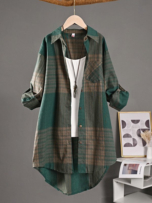New Cotton-linen Top Retro Springfall Plaid Shirt