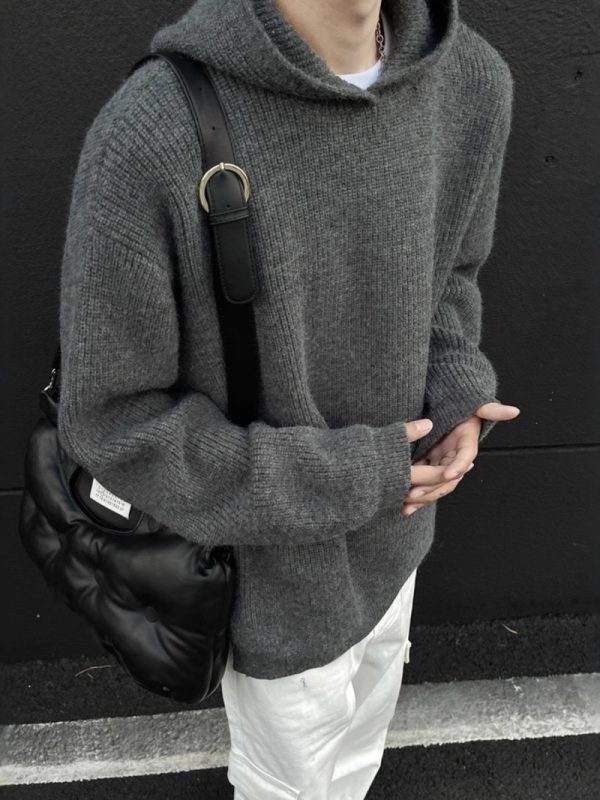 كنزة بغطاء رأس مريحة للرجال، قميص محبوك فضفاض غير رسمي