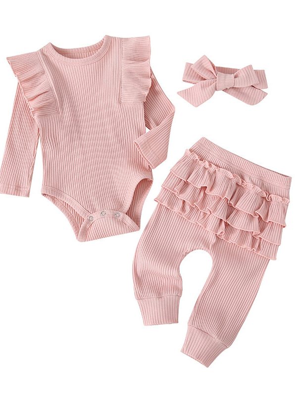 Autumn Children's Clothing Girls Casual Long-sleeved Lace-sleeved Romper Three-piece Suit With Bow Headdress