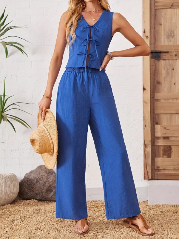 New Cotton Cardigan Tie-front Vest And Pants Two-piece Set