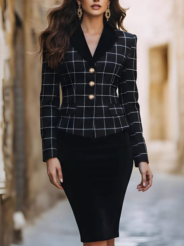 Womens Slim-Fit Casual Long-Sleeve Houndstooth Jacket