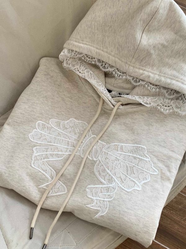 Sweet Lace Trim DesignUnique Retro Loose Top Bowtie Hoodie