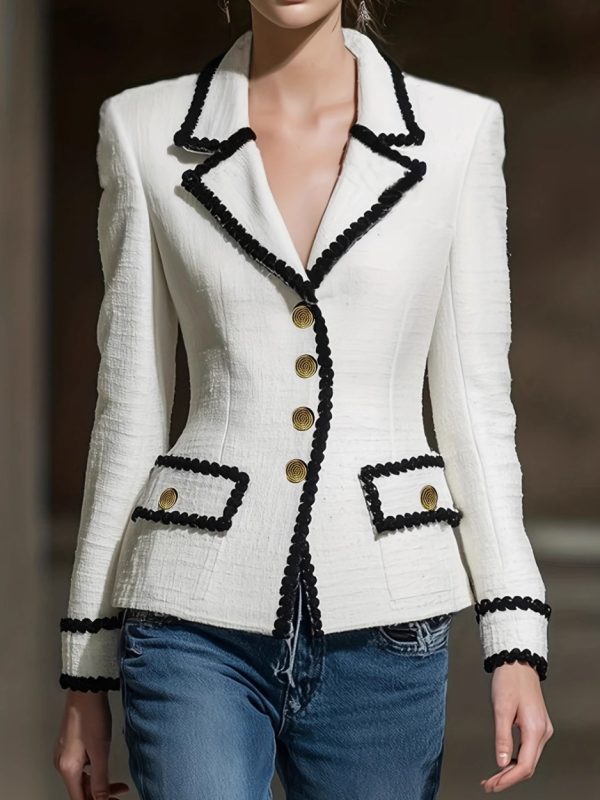 New Womens Elegant Tweed Blazer With Lace Trim