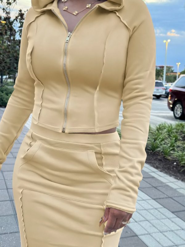 Stylish Solid-Color Hooded Slit Skirt Two-Piece Set