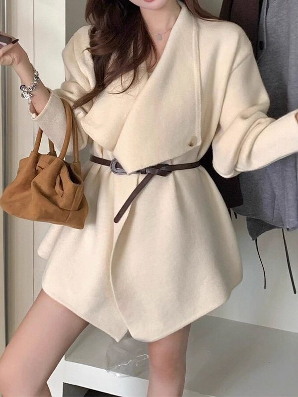 Irregular Lapel Mid-length Knitted Cardigan Casual Laid-back Style