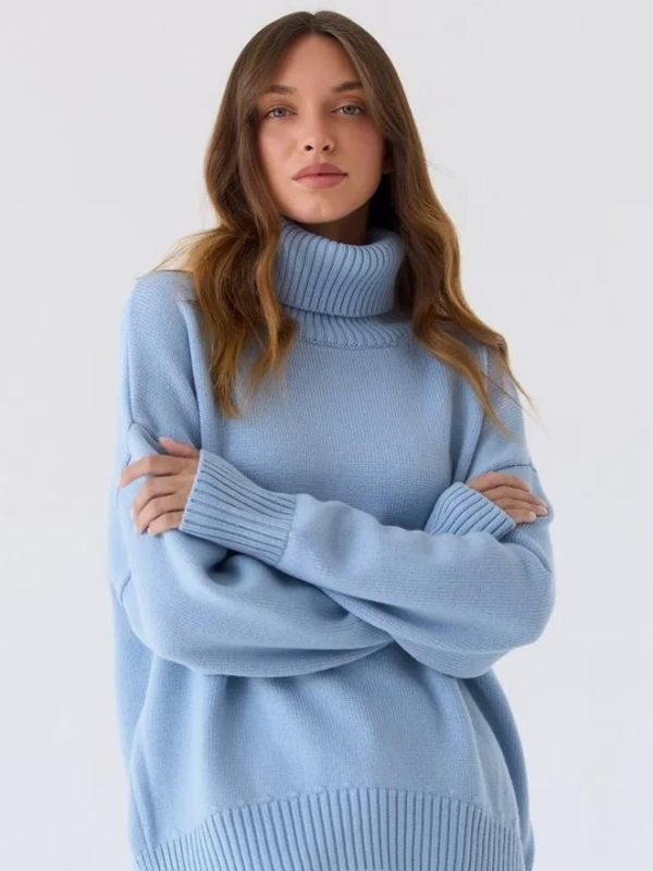 Women's Solid Color Pullover Knitted Sweater With High Neck