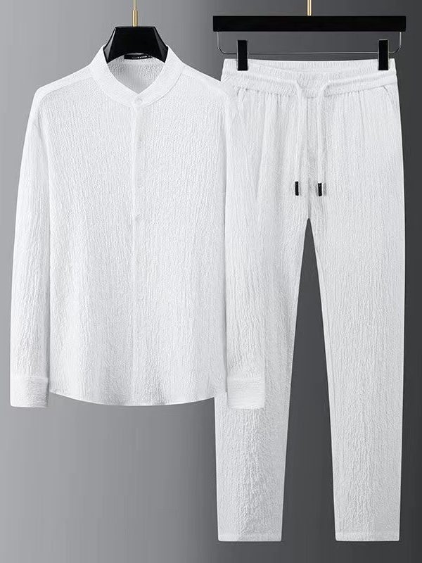 Casual Light Thin Suit Men's Summer Seersucker Striped Pleated Stand Collar Men's Shirt