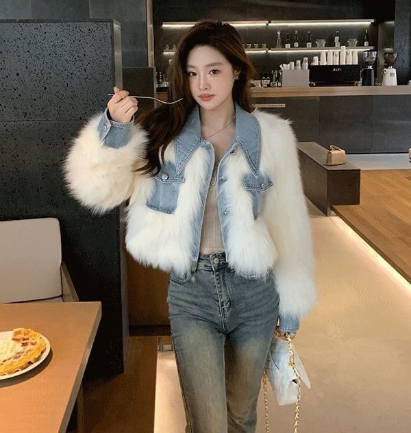 Womens Denim Patchwork Faux Fur Short Coat