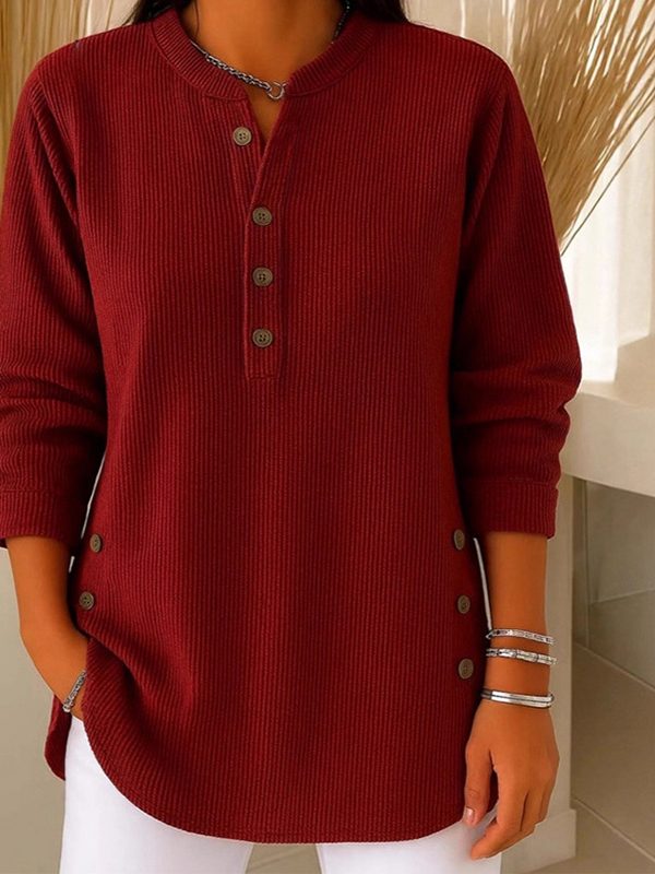 V-neck Buttons Sweater Fashion Casual Solid Color Long-sleeved Tops Women's Blouse T-shirt Clothing