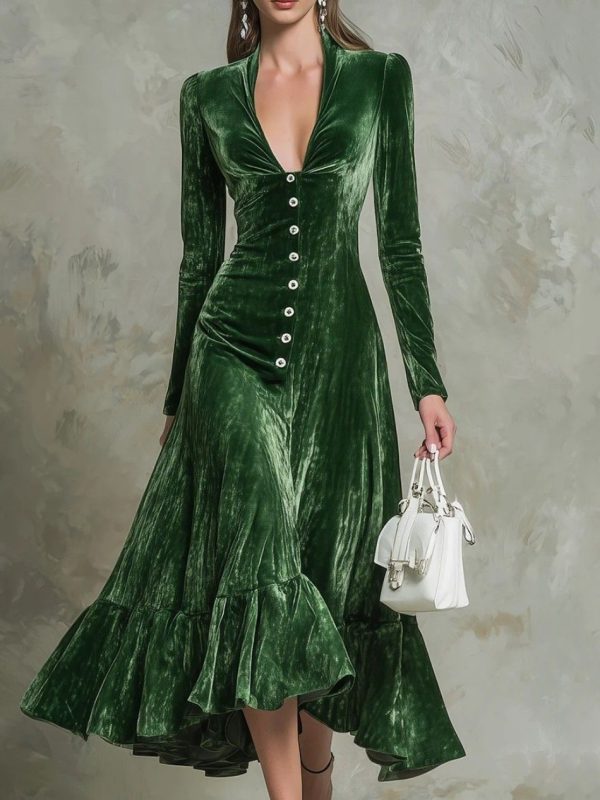 Solid-color Buttoned Lapel Long-sleeve Waist-cinching Dress