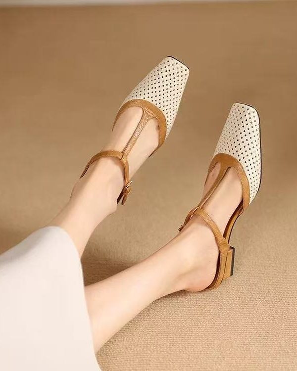 Women's Elegant Retro Soft Bottom Square Toe Color-blocking Sandals