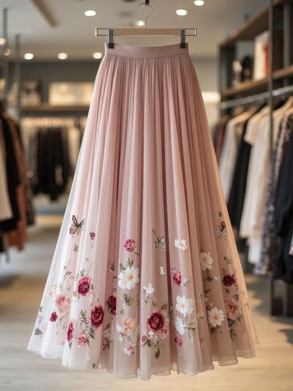 Womens Delicate And Sweet Rose-Print Midi Skirt
