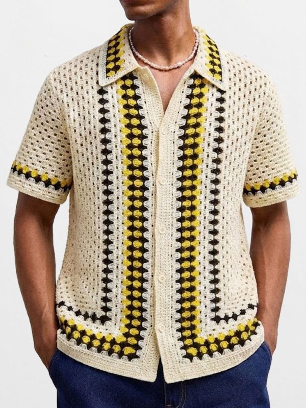 كنزة رجالية محبوكة مخططة مفتوحة الظهر بتصميم مجوف