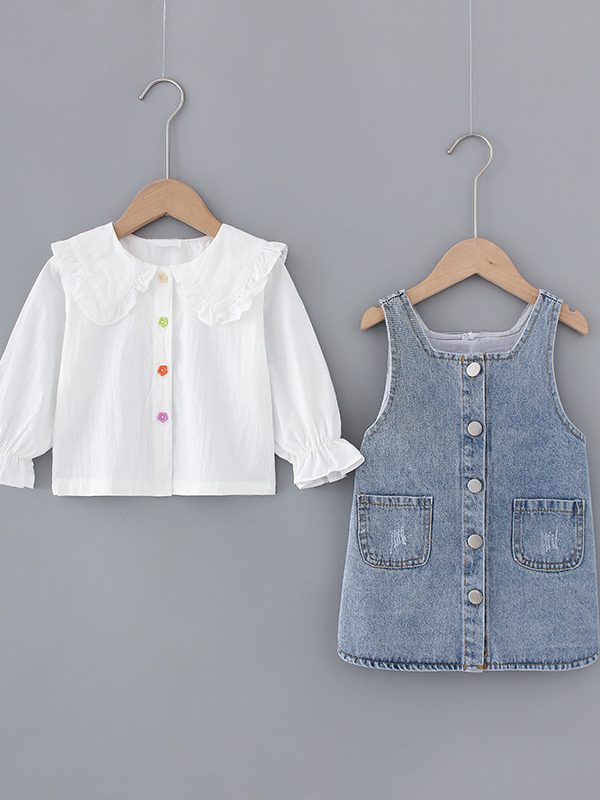 Two-piece Baby Girl Big Lapel Shirt Denim Strap Skirt