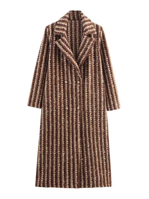 Autumn And Winter Women's British Style Woolen Striped Wide Coat