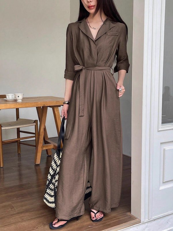 Elegant Solid-Color V-Neck Long-Sleeve Lace-Up Wide-Leg Jumpsuit