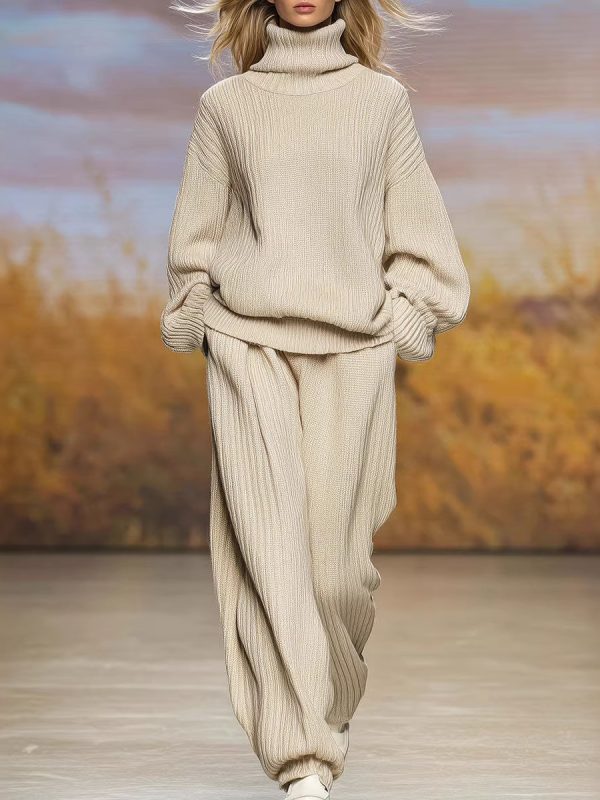 Knitted Loose Fitting Turtleneck And Wide Leg Pants Set
