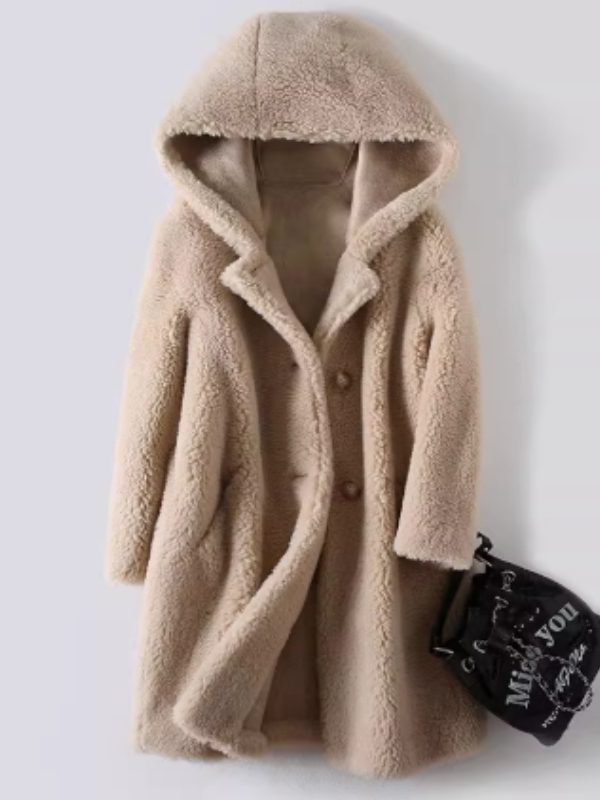 Women's Mid-Length Hooded Coat In Composite Leather And Fur