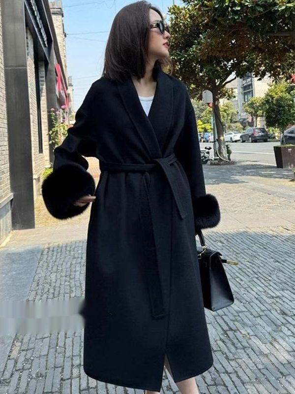 Wool Coat For Women Mid-length Black With Fox-fur Cuffs