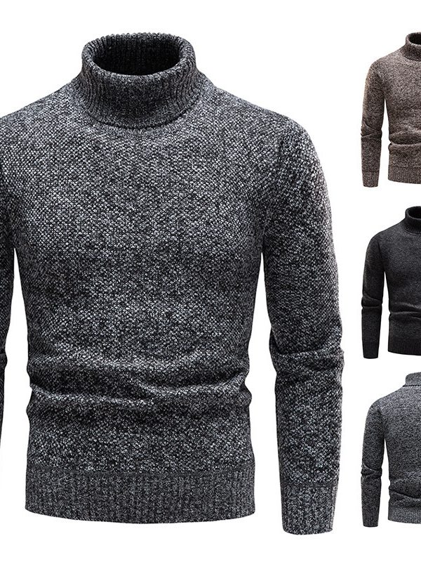 Men's Turtleneck Sweater Fashion Slim Fit Pullover Long-sleeved Knitted Top Solid Color Clothing