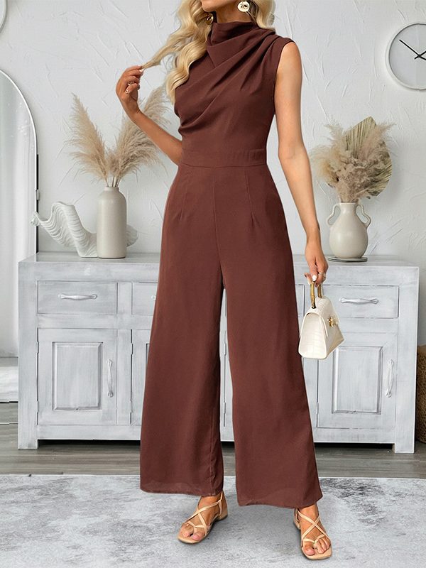 Casual Sleeveless Solid-color Boat-neck Wide-leg Jumpsuit