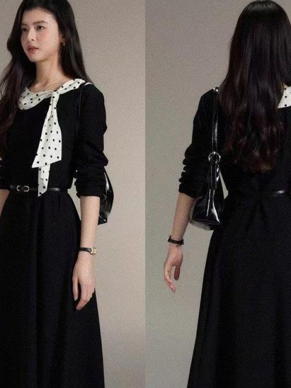 French Retro Hepburn-Style Ruffle-Detail Bow-Tie Dress