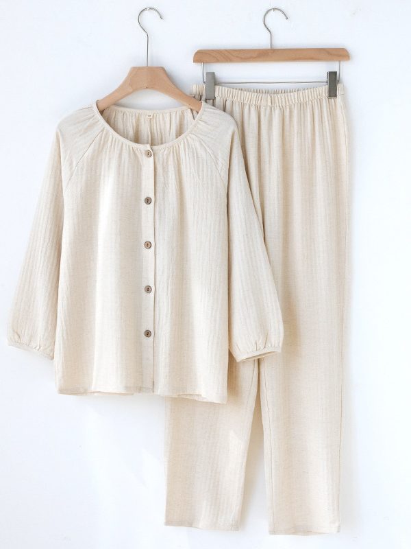 Womens Solid-Color Crew-Neck Loungewear Set With Long Sleeves And Long Pants