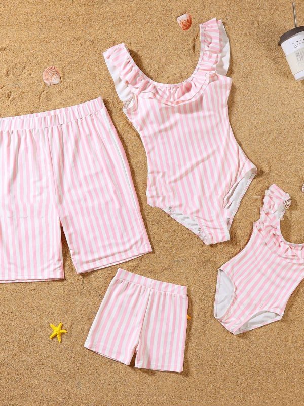 طقم سباحة مخطط من قطعة واحدة للأهل والأطفال، بنطال سباحة رجالي للشاطئ