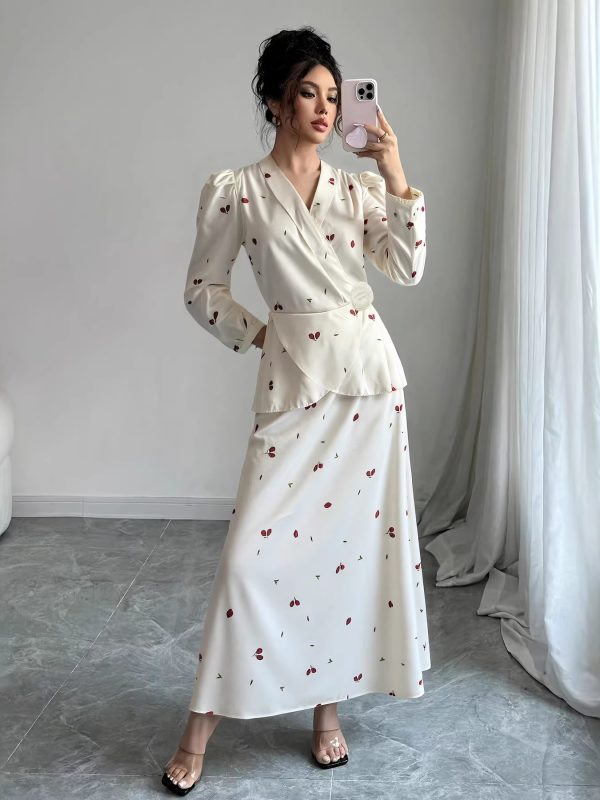 New V-neck Puff-sleeved Waist-cinched Satin Dress With A Cherry Print