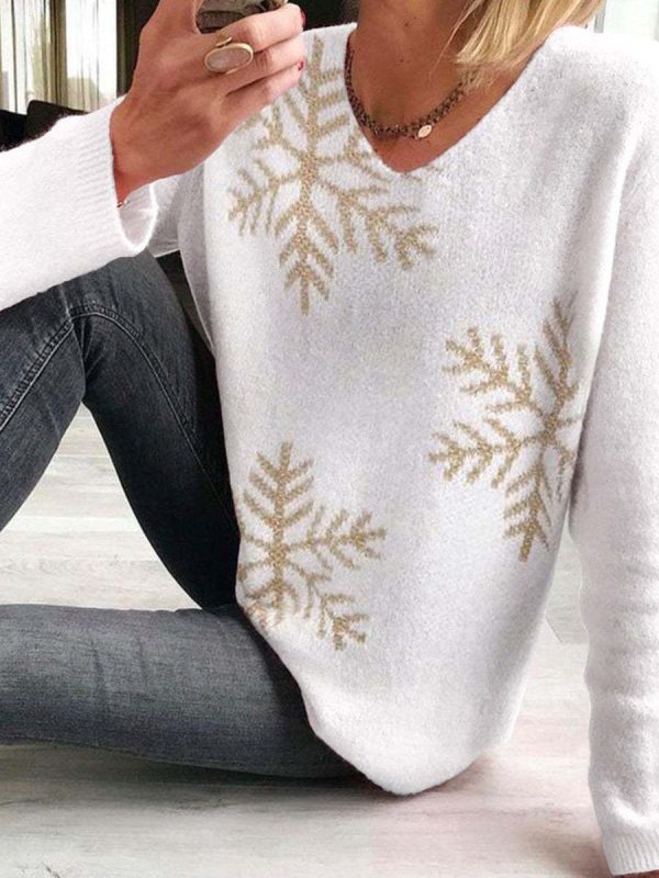 Long Sleeved White Snowflake Casual Knit Sweater