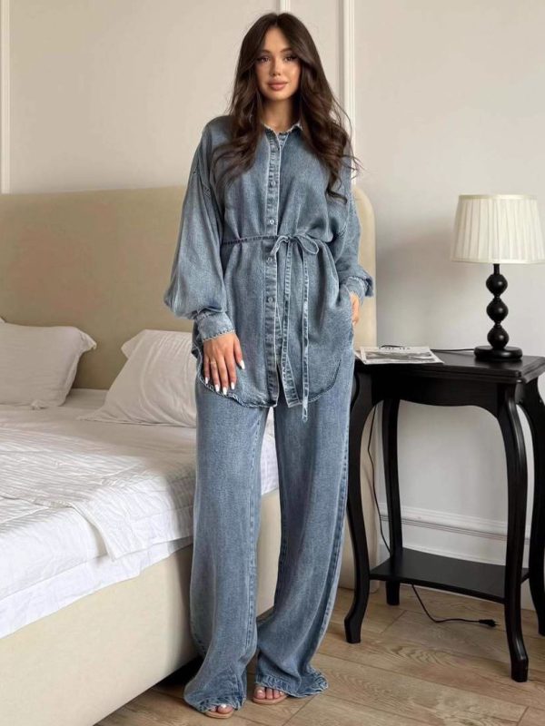 Fashionable Shirt-buttoned Tie-waisted Loose Jacket Denim Suit For Women