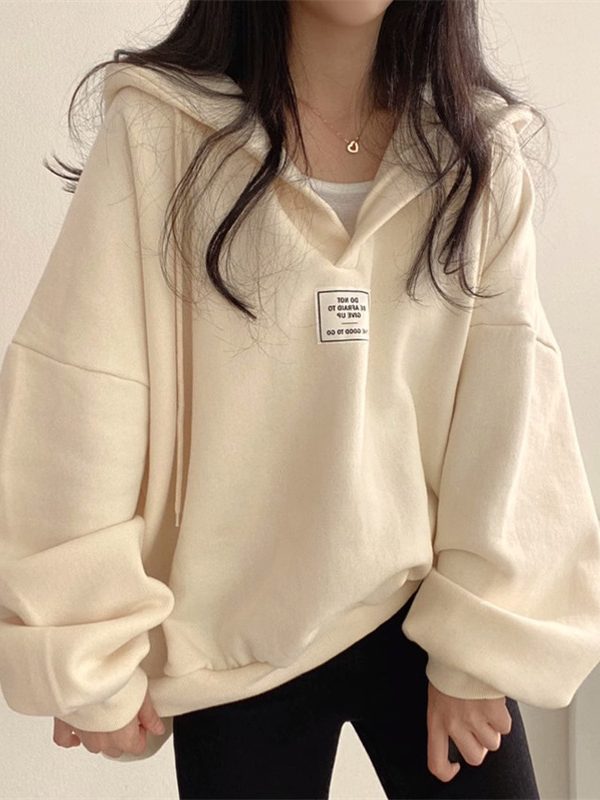 Womens Loose-fitting Versatile Hooded V-neck Sweatshirt