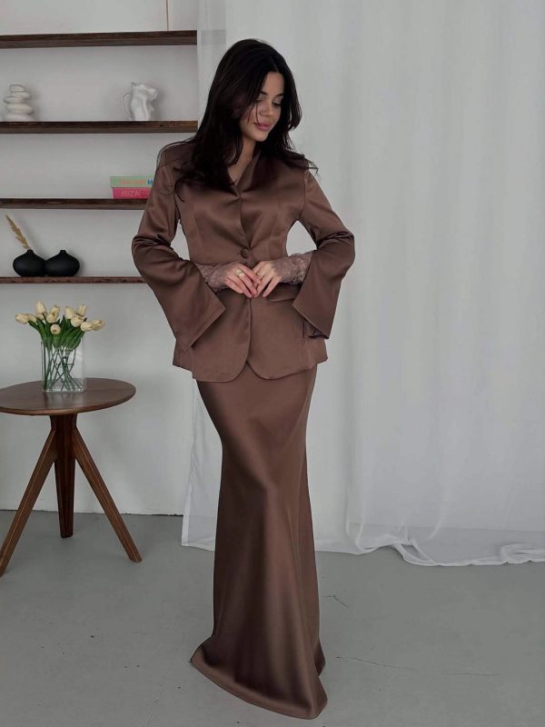 Elegant Slim-fit Solid-color Suit Jacket And Satin Maxi Skirt Set