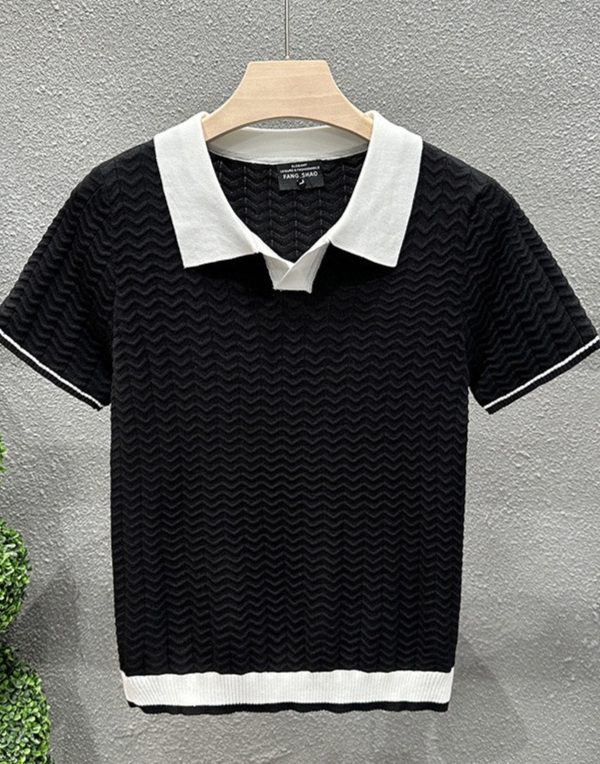 Mens Collarless Ice Silk Contrast-Knit Sweater