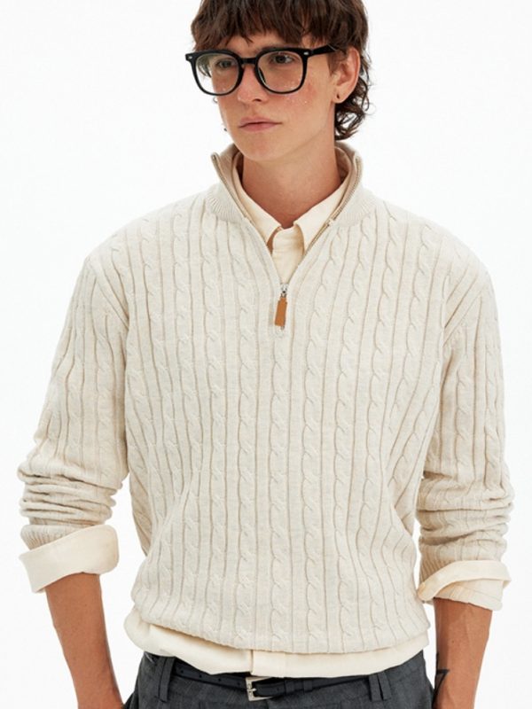 Retro Cable-Knit Half-Zip Sweater Casual Knitted Top