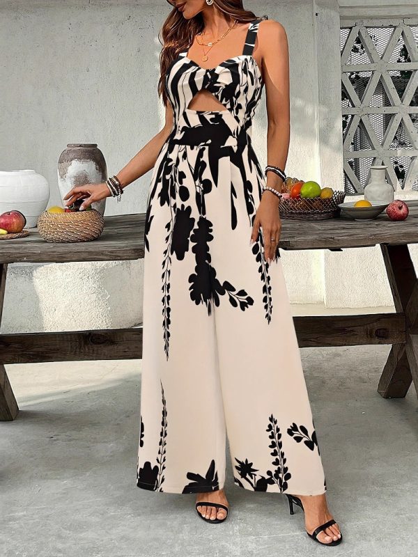 Ethnic-style Printed Ruched Waist With A Tie-detail Designcasual Vacation-ready Womens Jumpsuit