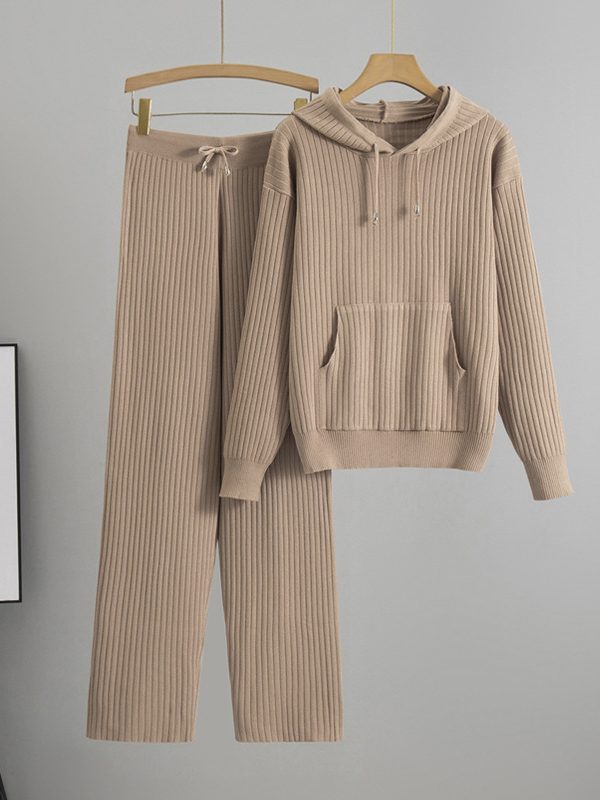 Hooded Knitted Sweater Set With Ribbed Detailing Casual Outfit