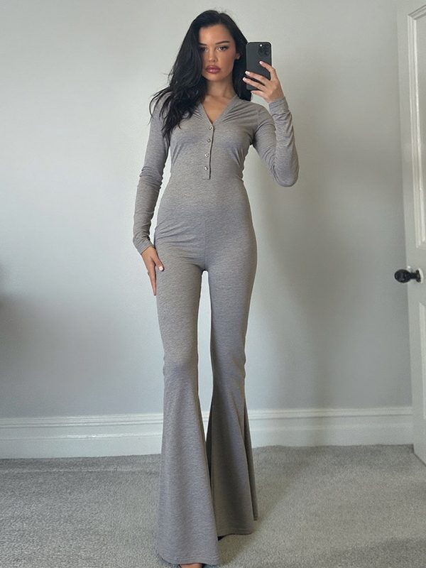 Solid-color V-neck Buttoned Bodycon Long-sleeve High-waist Flared Jumpsuit