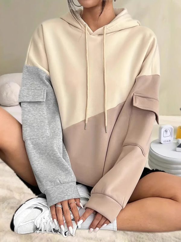 Womens Casual Fashion Color-Block Patchwork Hoodie With Long Sleeves