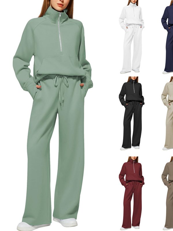 Woman Solid Color Half Zip Long Sleeve Sweatshirt And Wide Leg Pants Set Casual Sporty Two Piece Outfit Women's Suit