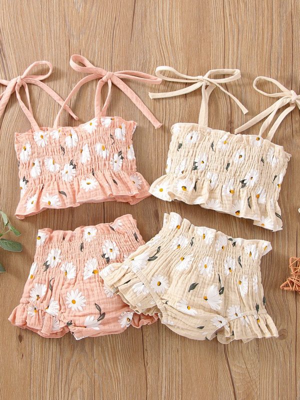 Girls Suit New Sweet Floral Suspender Pants Two-piece Set
