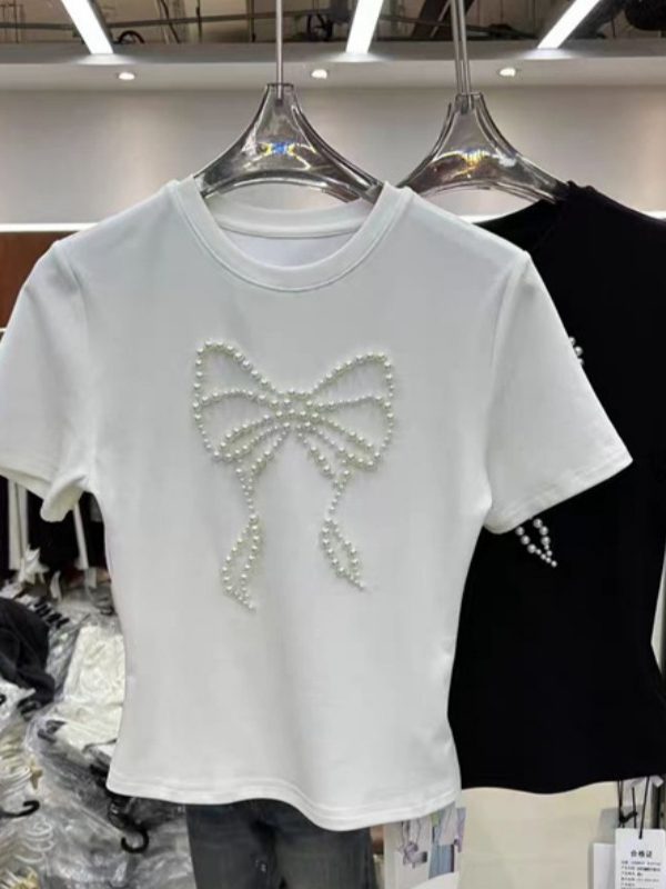 New Beaded Pearl Bow Short-sleeve Top