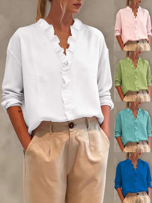 Womens Casual Long-sleeve V-neck Blouse With Lace Trim