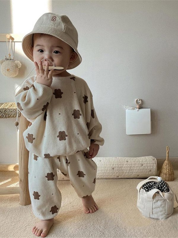 طقم مكون من قطعتين: كنزة وبنطال كاجوال، بتصميم دب لطيف فضفاض، ملابس أطفال